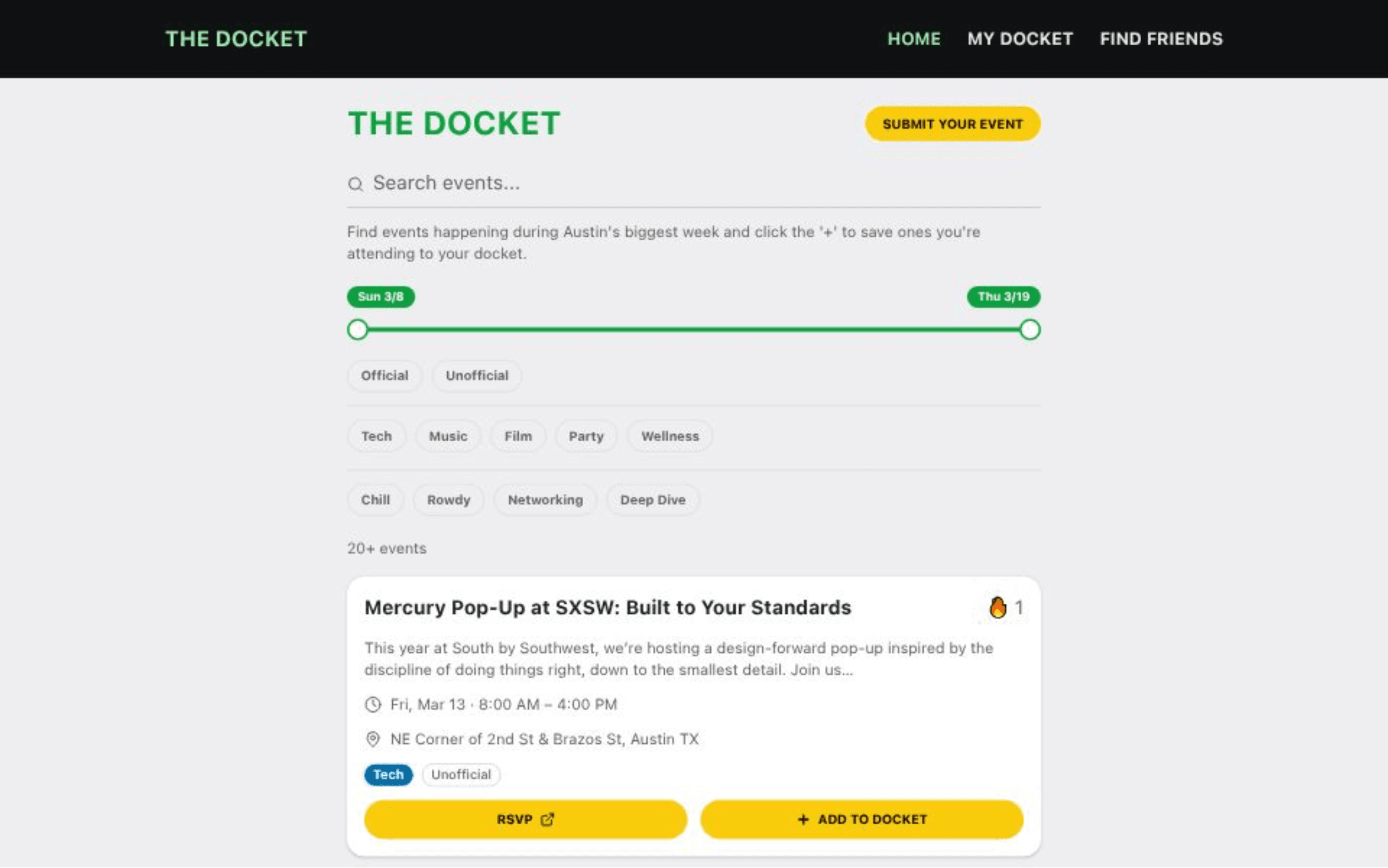 The Docket event feed showing trending SXSW events